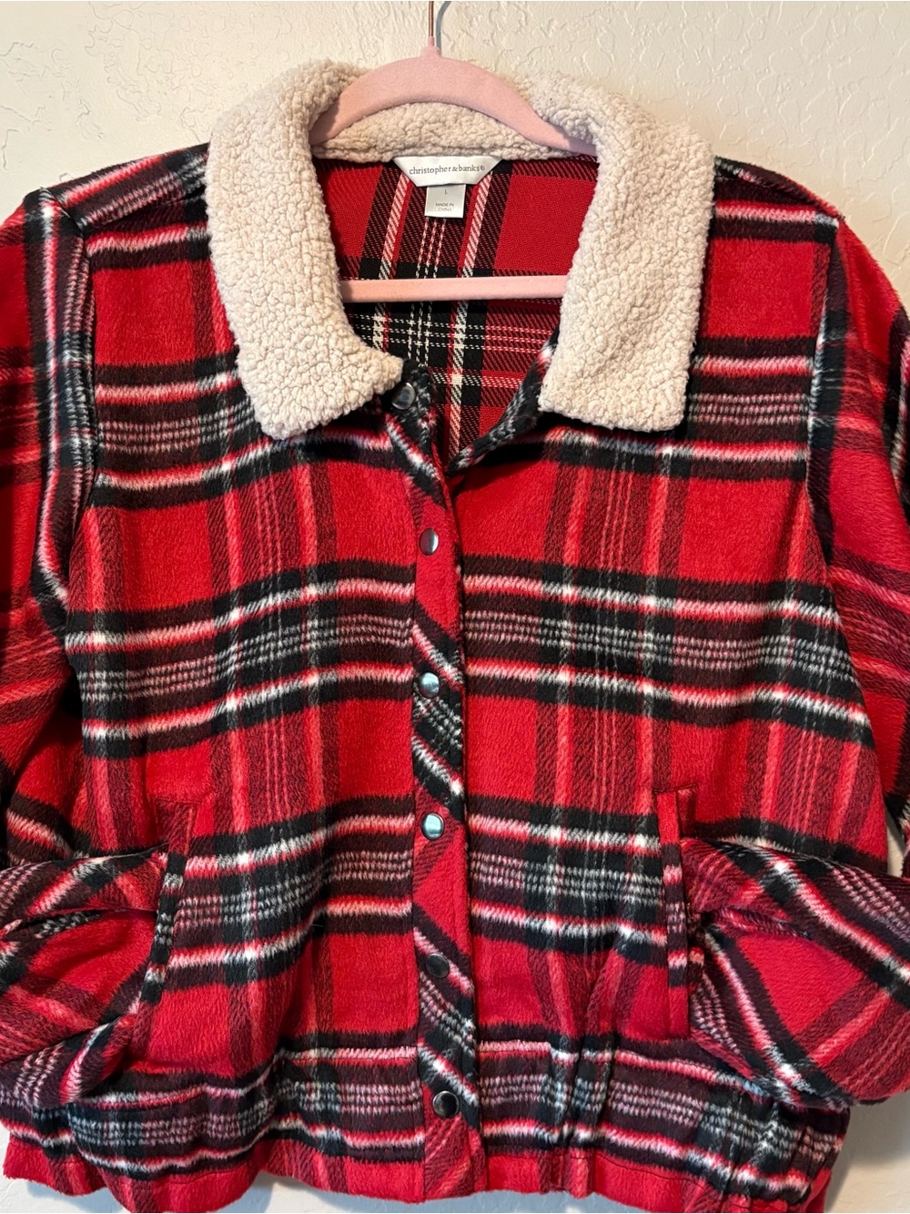Christopher & Banks Red Black Plaid Sherpa-Collar Jacket